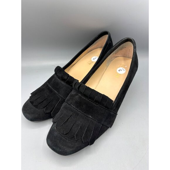 Reaction Kenneth Cole Shoes Womens 8 Black Suede Loafers Fringe Block Heel - Picture 1 of 8